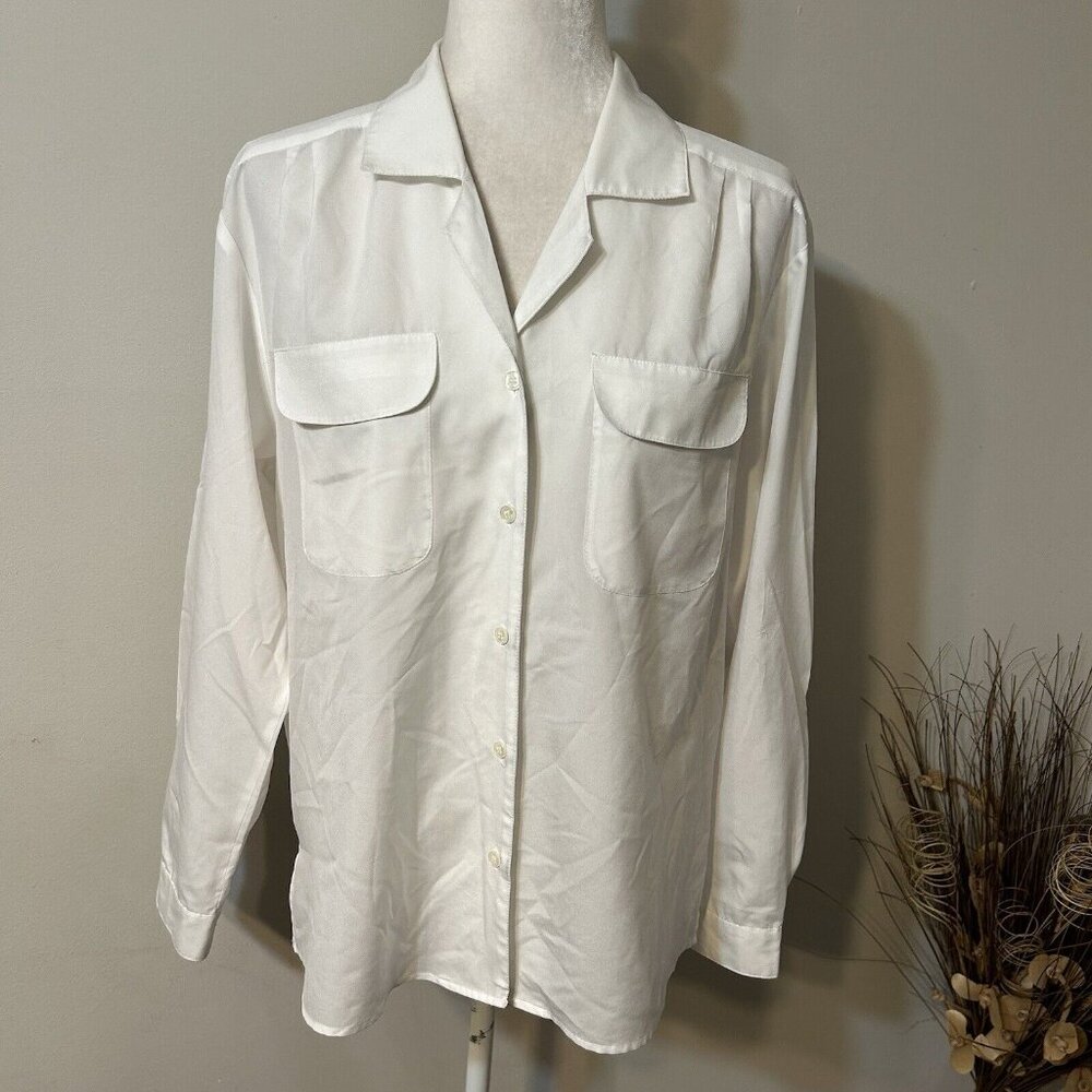 VTG Sheridan Square Womens Blouse Top Sz 14 White Button-Up Long Sleeve Pocket